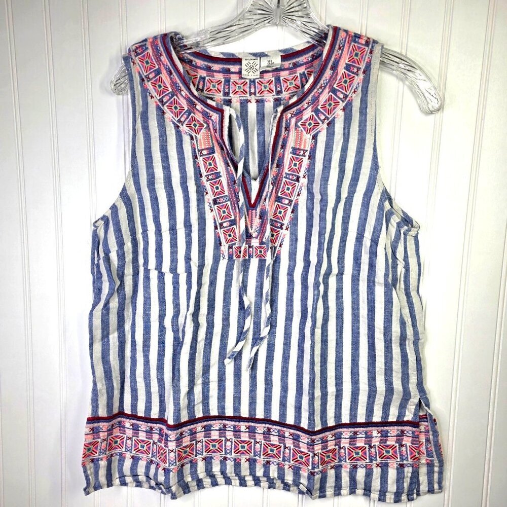 Artisan NY Linen Top Women S Blue Stripe Embroidered Peasant Boho Sleeveless